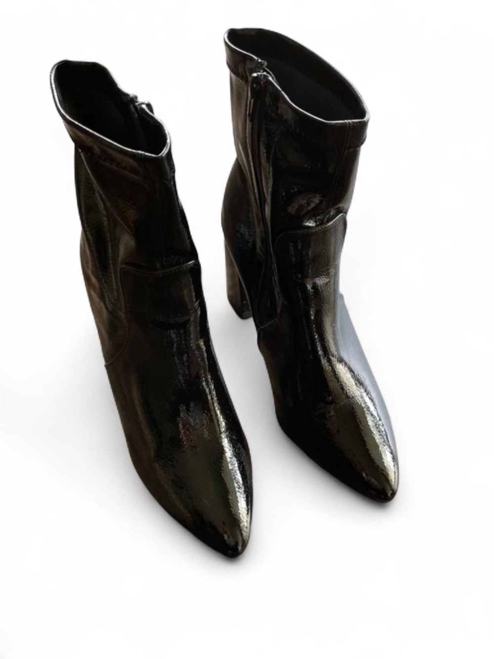 Public Desire Black Patent Pointed Ankle Booties with Side Zip